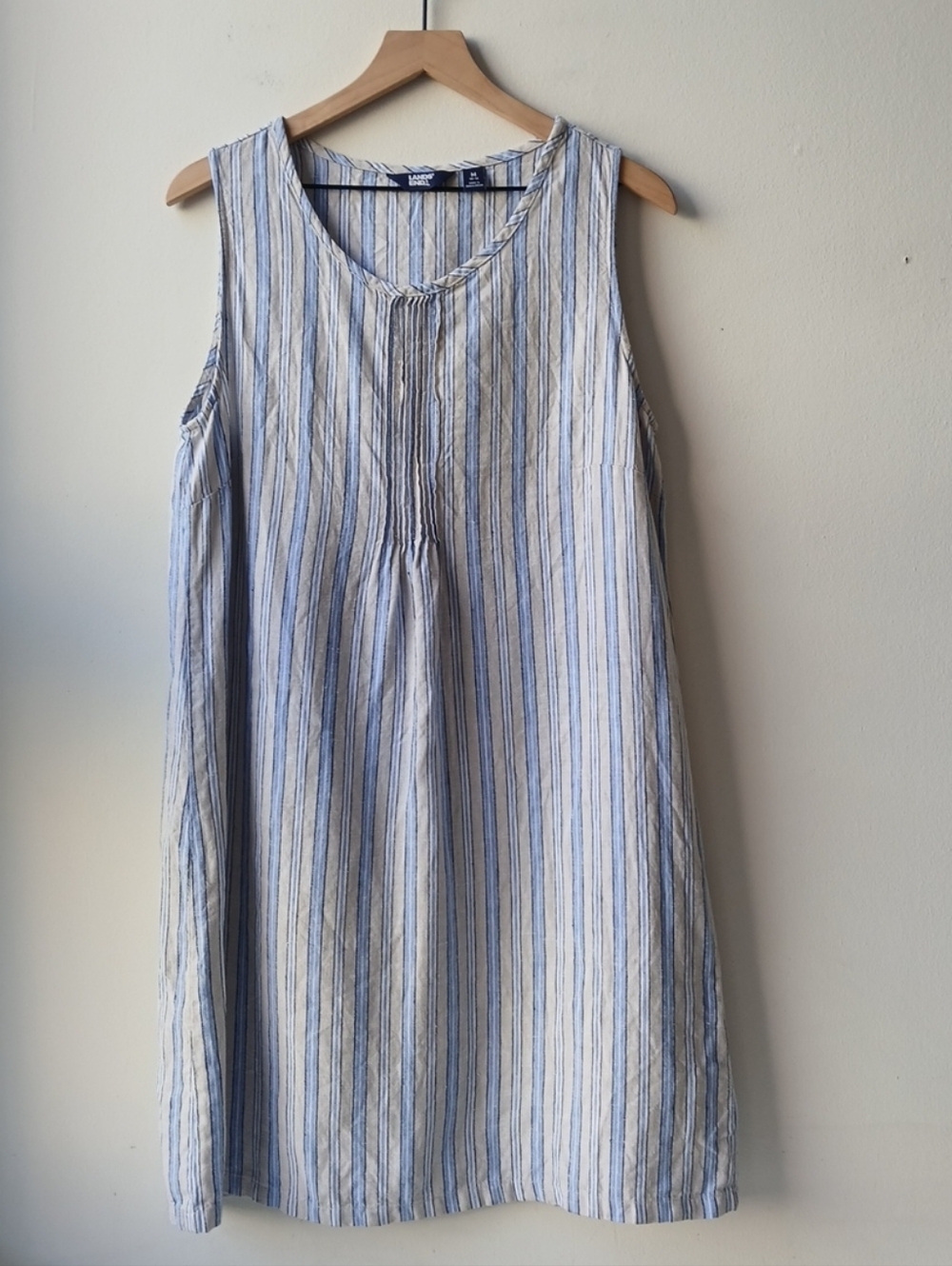 Lands' End Linen Tank Dress Light Blue Tan Stripe Women's Medium